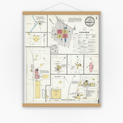Old map wall art mockup — magnetic wood frame on white wall — Sanborn Fire Insurance Map from Hubbard, Hill County, Texas (1904), Sheet #0001