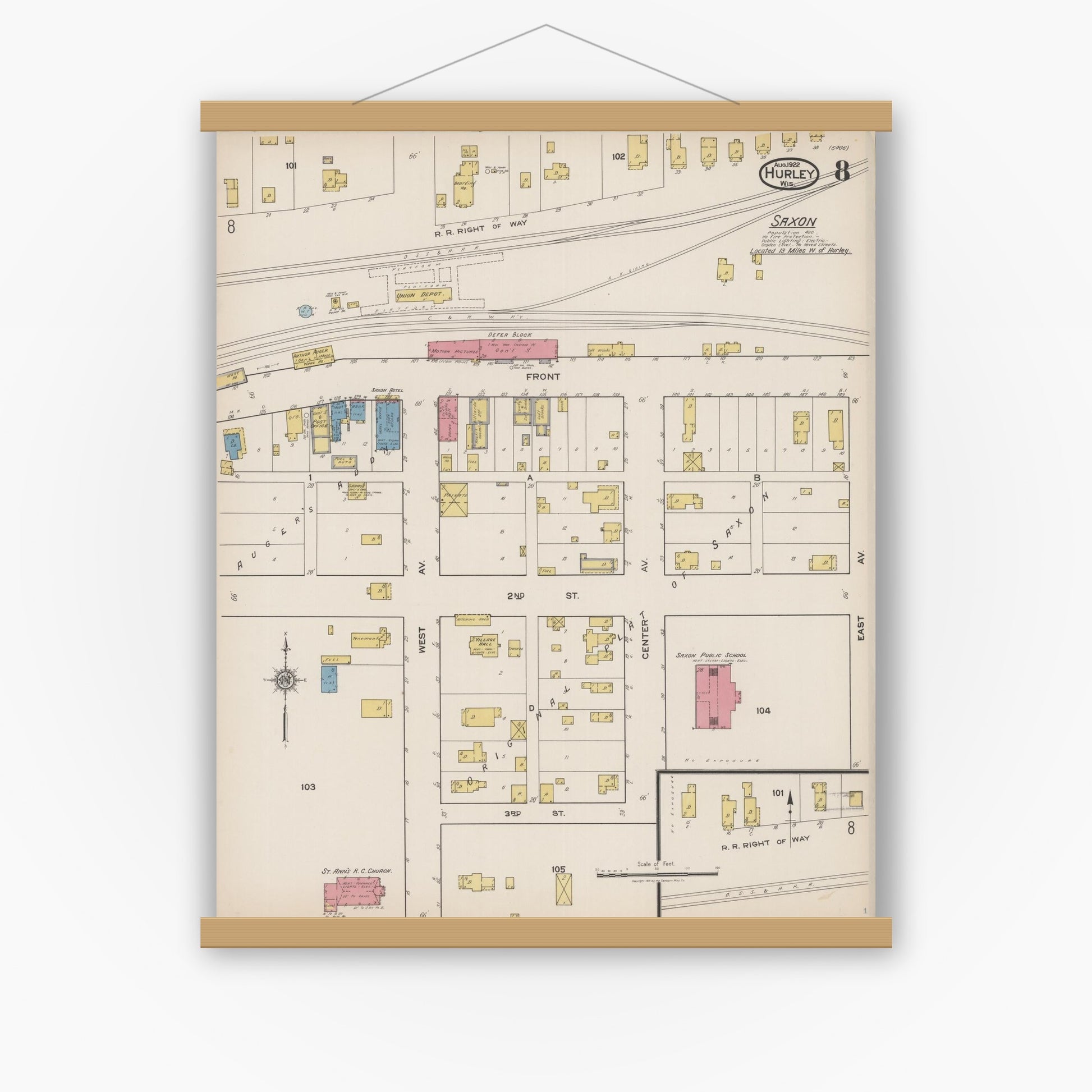 Old map wall art mockup — magnetic wood frame on white wall — Sanborn Fire Insurance Map from Hurley, Iron County, Wisconsin (1922), Sheet #0008