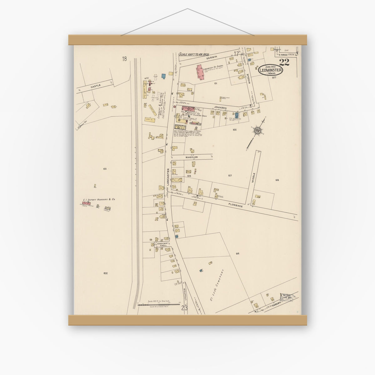 Old map wall art mockup — magnetic wood frame on white wall — Sanborn Fire Insurance Map from Leominster, Worcester County, Massachusetts (1922), Sheet #0022
