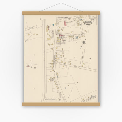 Old map wall art mockup — magnetic wood frame on white wall — Sanborn Fire Insurance Map from Leominster, Worcester County, Massachusetts (1922), Sheet #0022