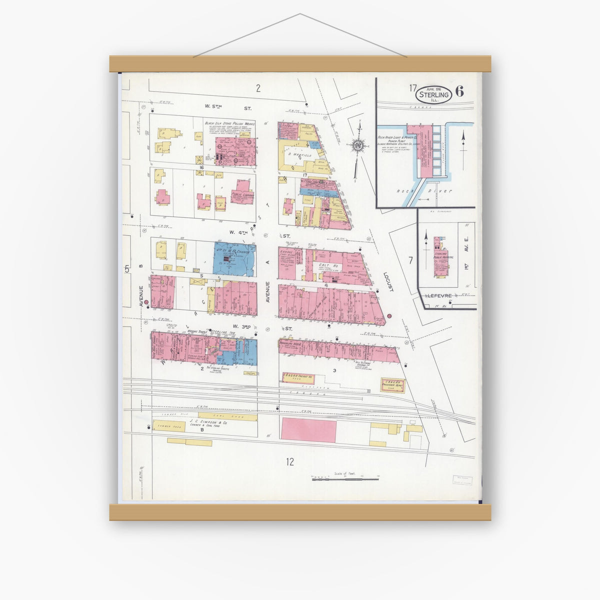 Old map wall art mockup — magnetic wood frame on white wall — Sanborn Fire Insurance Map from Sterling, Whiteside County, Illinois (1916), Sheet #0006