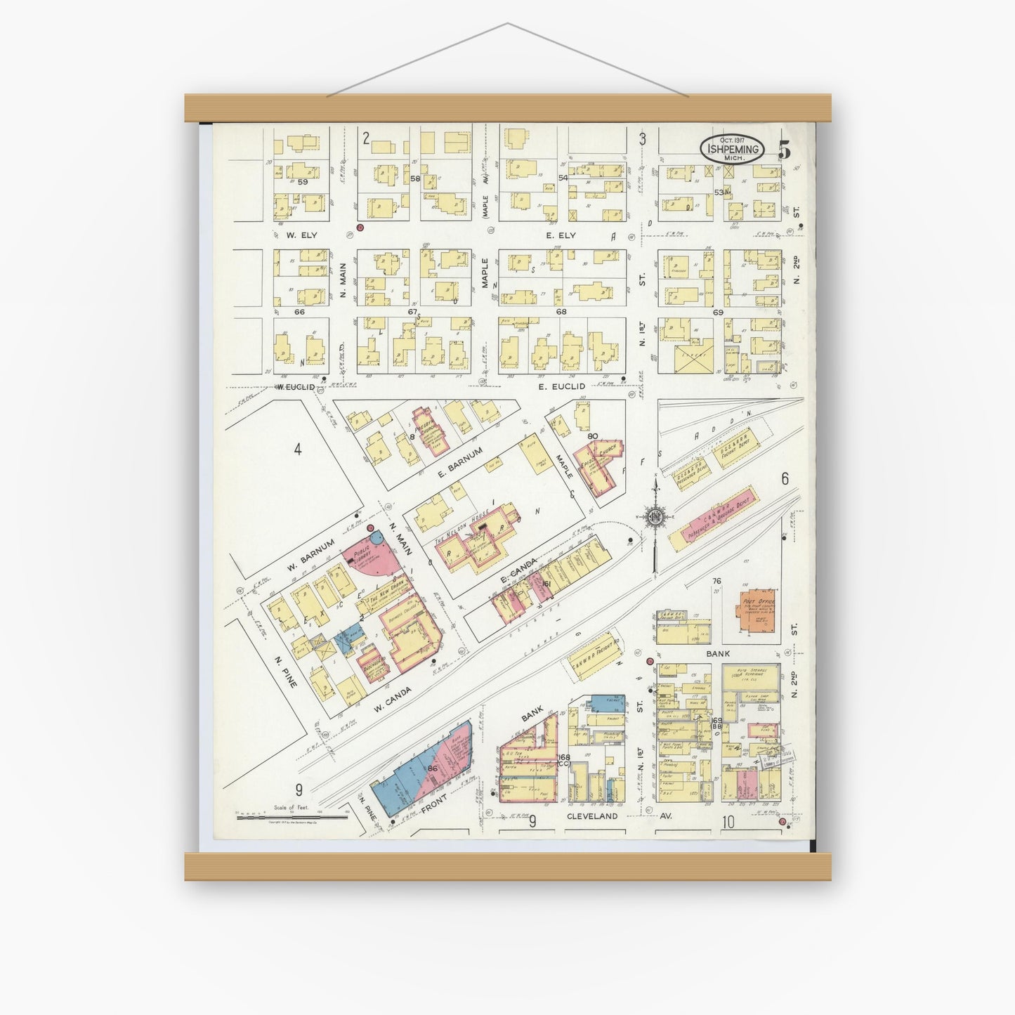Old map wall art mockup — magnetic wood frame on white wall — Sanborn Fire Insurance Map from Ishpeming, Marquette County, Michigan (1917), Sheet #0005