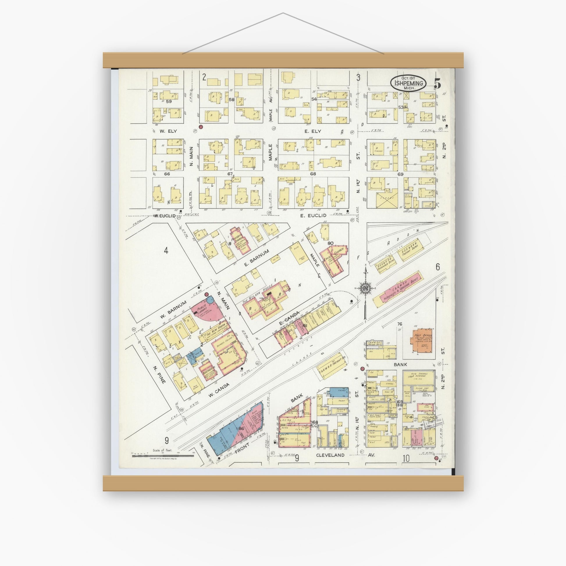 Old map wall art mockup — magnetic wood frame on white wall — Sanborn Fire Insurance Map from Ishpeming, Marquette County, Michigan (1917), Sheet #0005