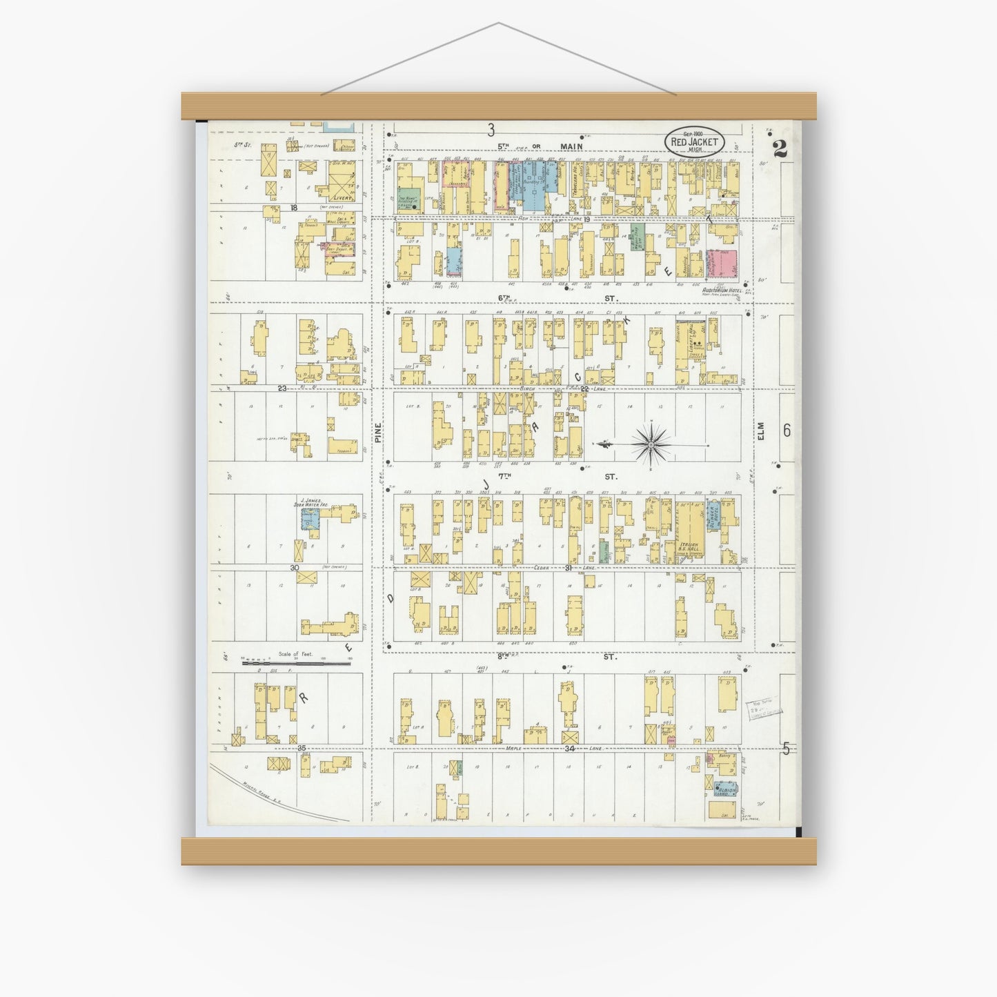 Old map wall art mockup — magnetic wood frame on white wall — Sanborn Fire Insurance Map from Red Jacket, Houghton County, Michigan (1900), Sheet #0002