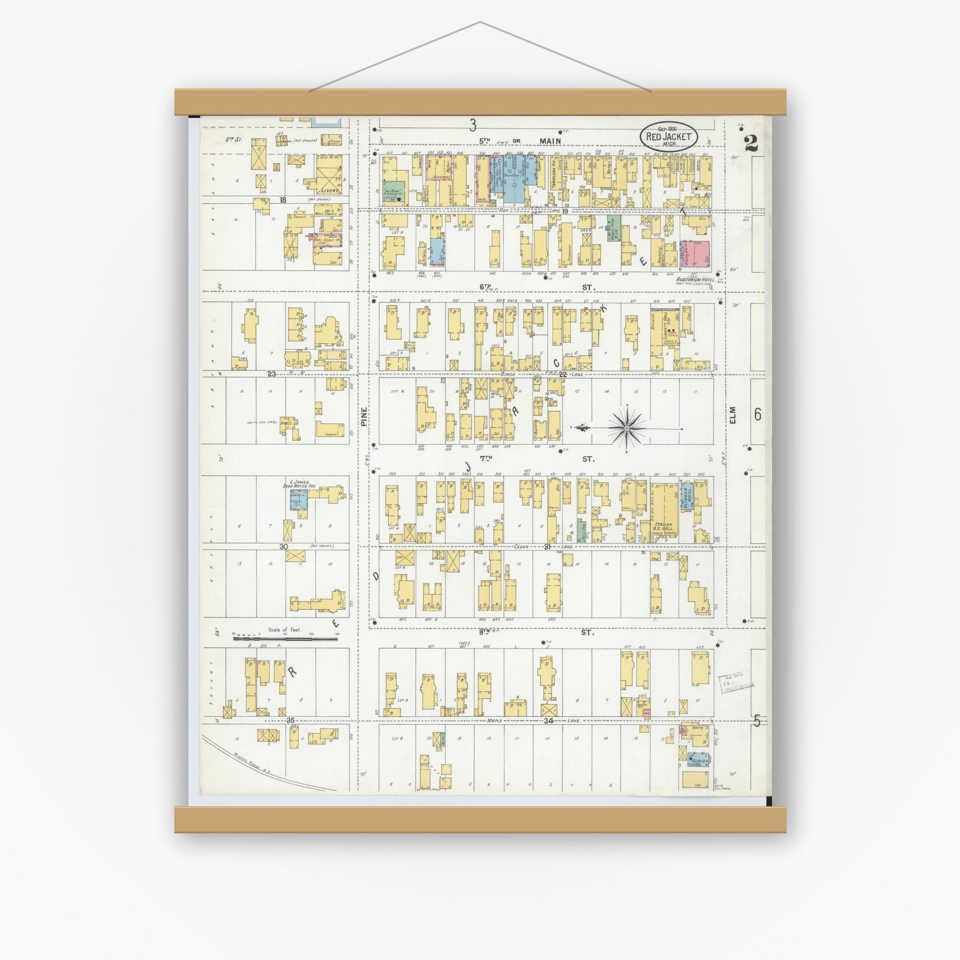 Old map wall art mockup — magnetic wood frame on white wall — Sanborn Fire Insurance Map from Red Jacket, Houghton County, Michigan (1900), Sheet #0002
