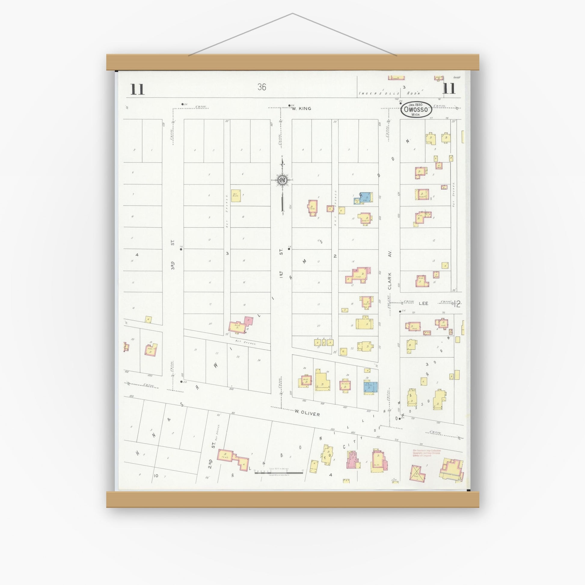 Old map wall art mockup — magnetic wood frame on white wall — Sanborn Fire Insurance Map from Owosso, Shiawassee County, Michigan (1930), Sheet #0011