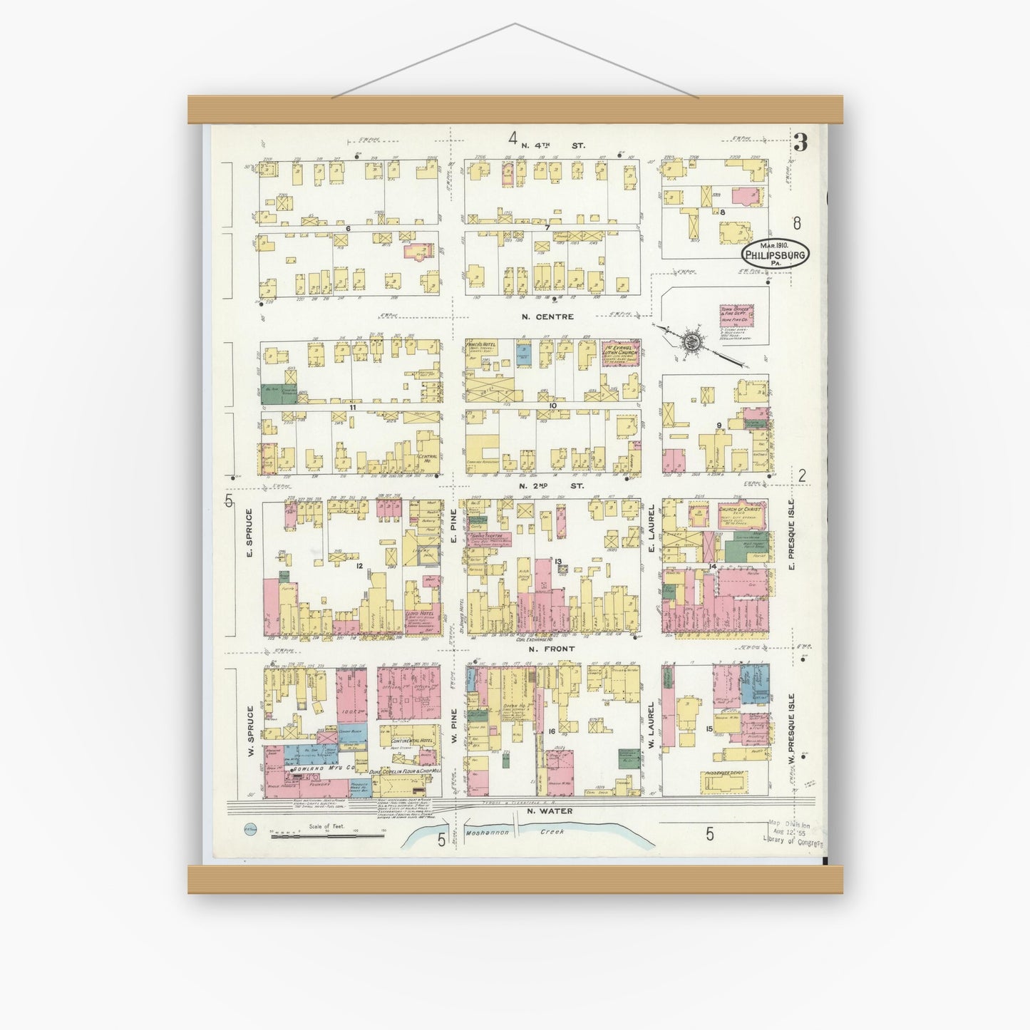 Old map wall art mockup — magnetic wood frame on white wall — Sanborn Fire Insurance Map from Philipsburg, Centre County, Pennsylvania (1910), Sheet #0003