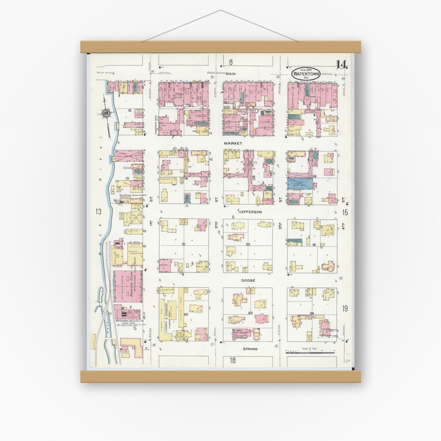 Old map wall art mockup — magnetic wood frame on white wall — Sanborn Fire Insurance Map from Watertown, Jefferson County, Wisconsin (1909), Sheet #0014