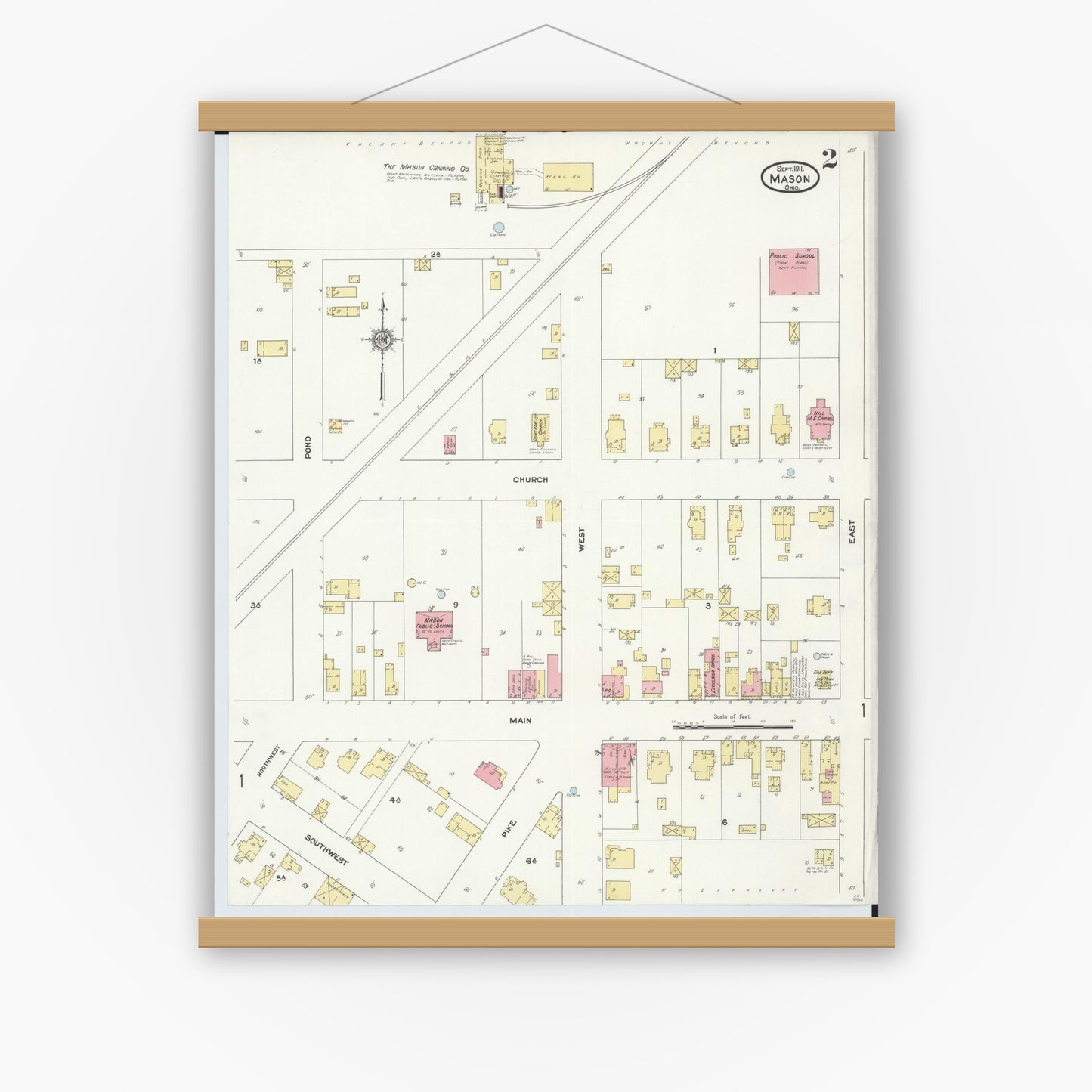 Old map wall art mockup — magnetic wood frame on white wall — Sanborn Fire Insurance Map from Mason, Warren County, Ohio (1911), Sheet #0002