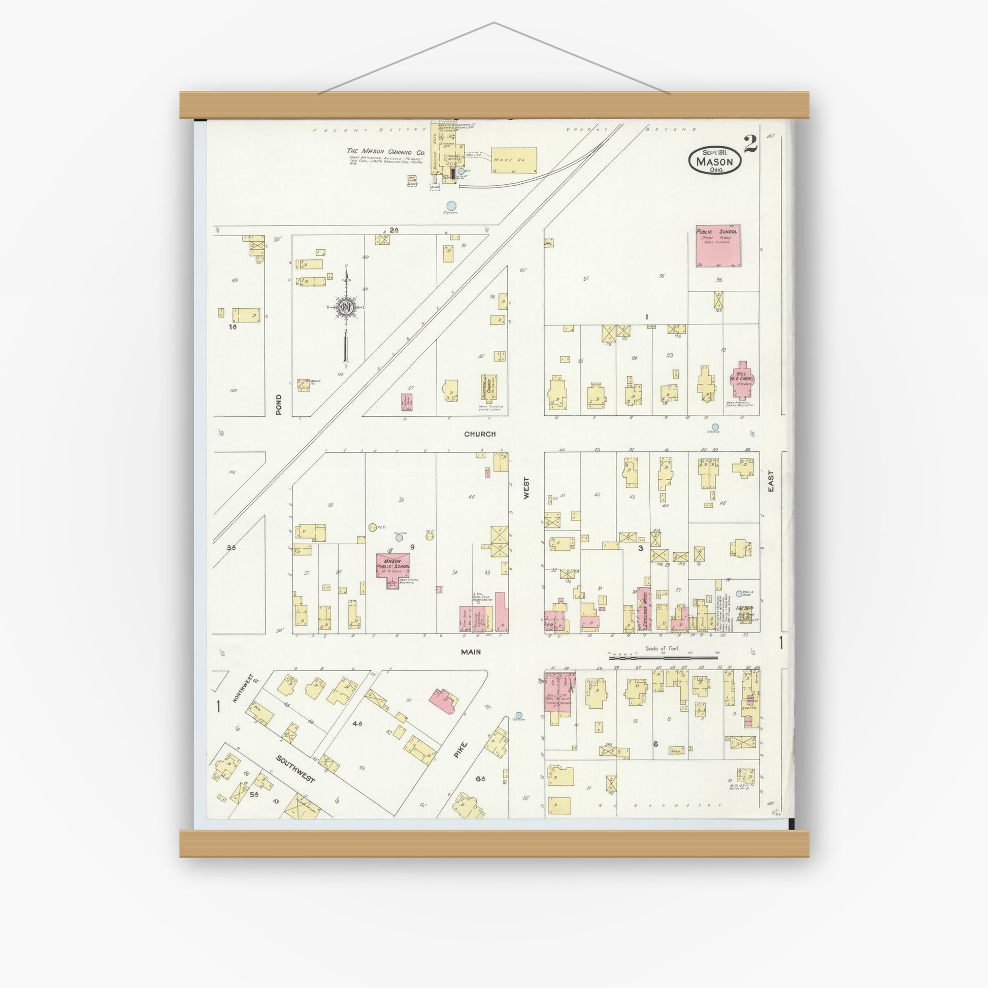 Old map wall art mockup — magnetic wood frame on white wall — Sanborn Fire Insurance Map from Mason, Warren County, Ohio (1911), Sheet #0002
