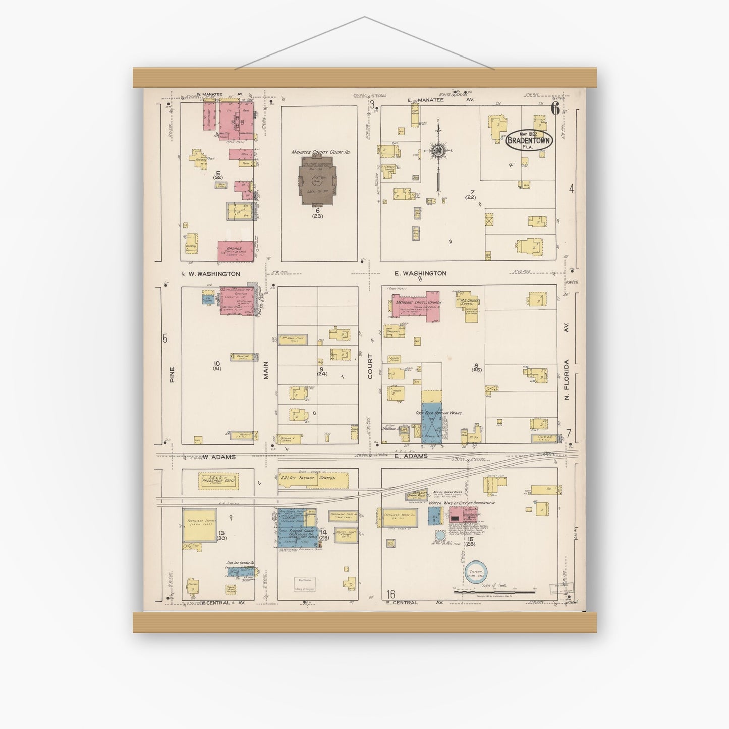 Old map wall art mockup — magnetic wood frame on white wall — Sanborn Fire Insurance Map from Bradentown, Manatee County, Florida (1922), Sheet #0006