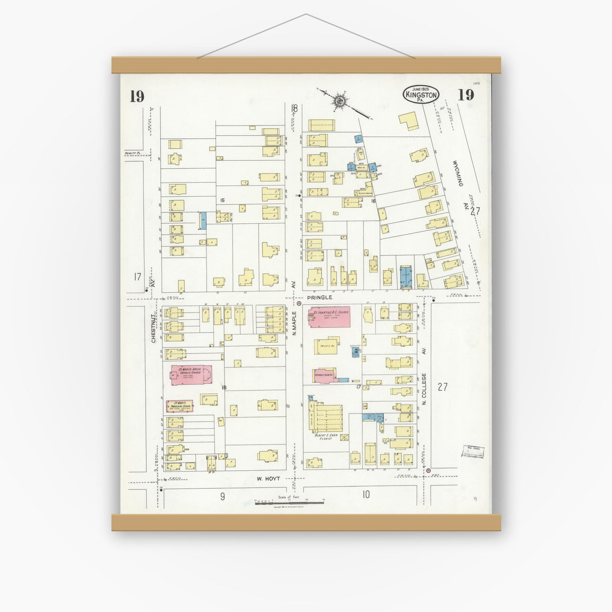 Old map wall art mockup — magnetic wood frame on white wall — Sanborn Fire Insurance Map from Kingston, Luzerne County, Pennsylvania (1925), Sheet #0019