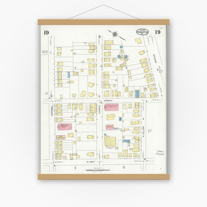 Old map wall art mockup — magnetic wood frame on white wall — Sanborn Fire Insurance Map from Kingston, Luzerne County, Pennsylvania (1925), Sheet #0019