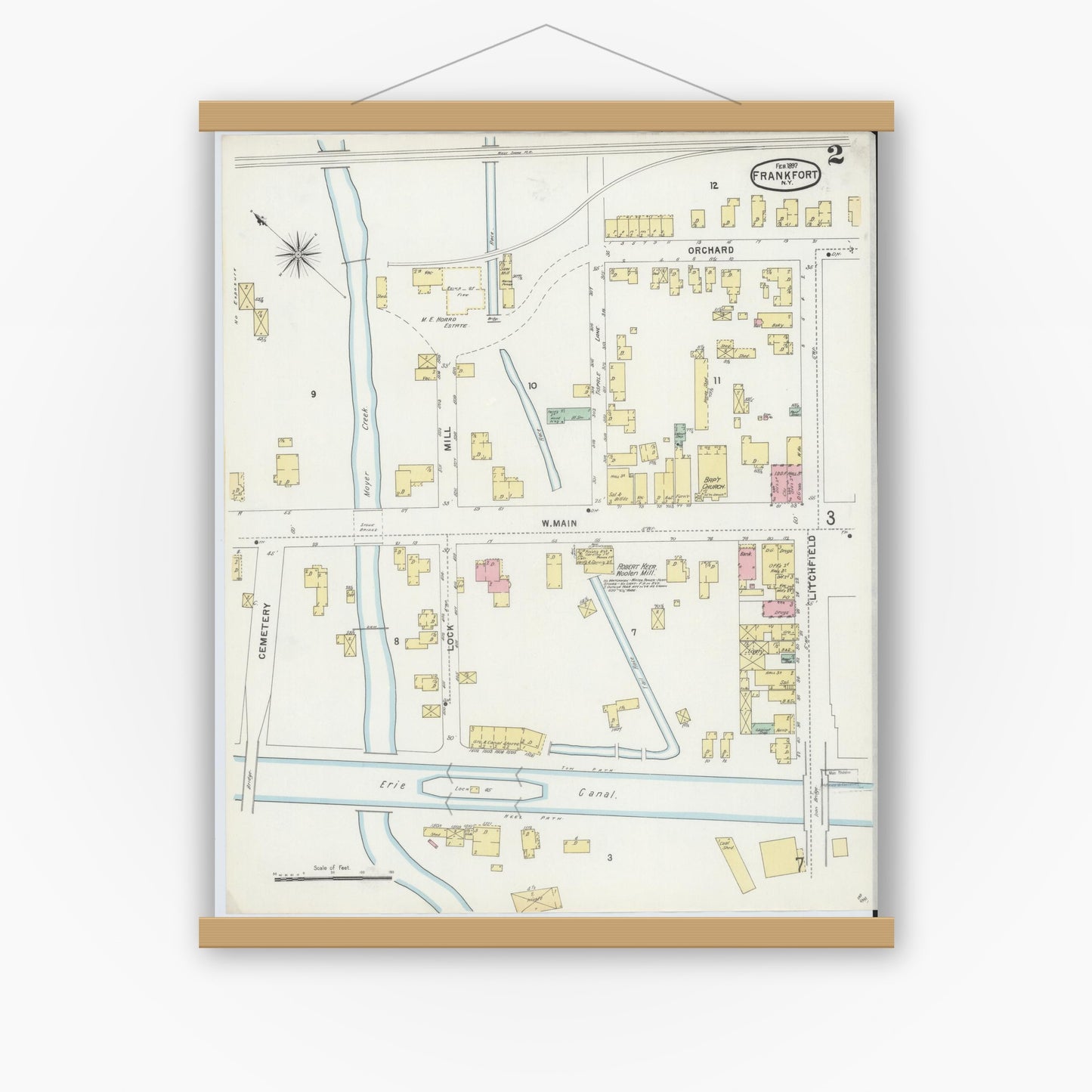 Old map wall art mockup — magnetic wood frame on white wall — Sanborn Fire Insurance Map from Frankfort, Herkimer County, New York (1897), Sheet #0002