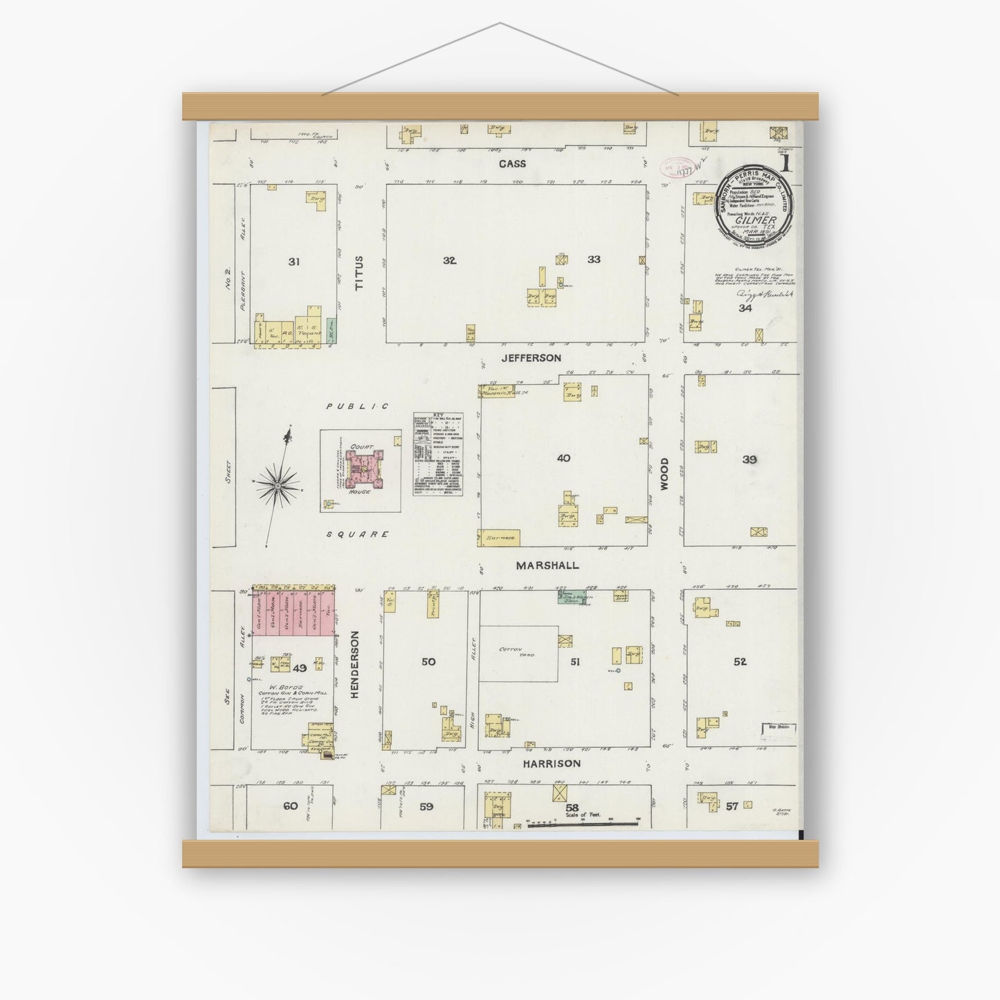 Old map wall art mockup — magnetic wood frame on white wall — Sanborn Fire Insurance Map from Gilmer, Upshur County, Texas (1891) - Complete Map Set