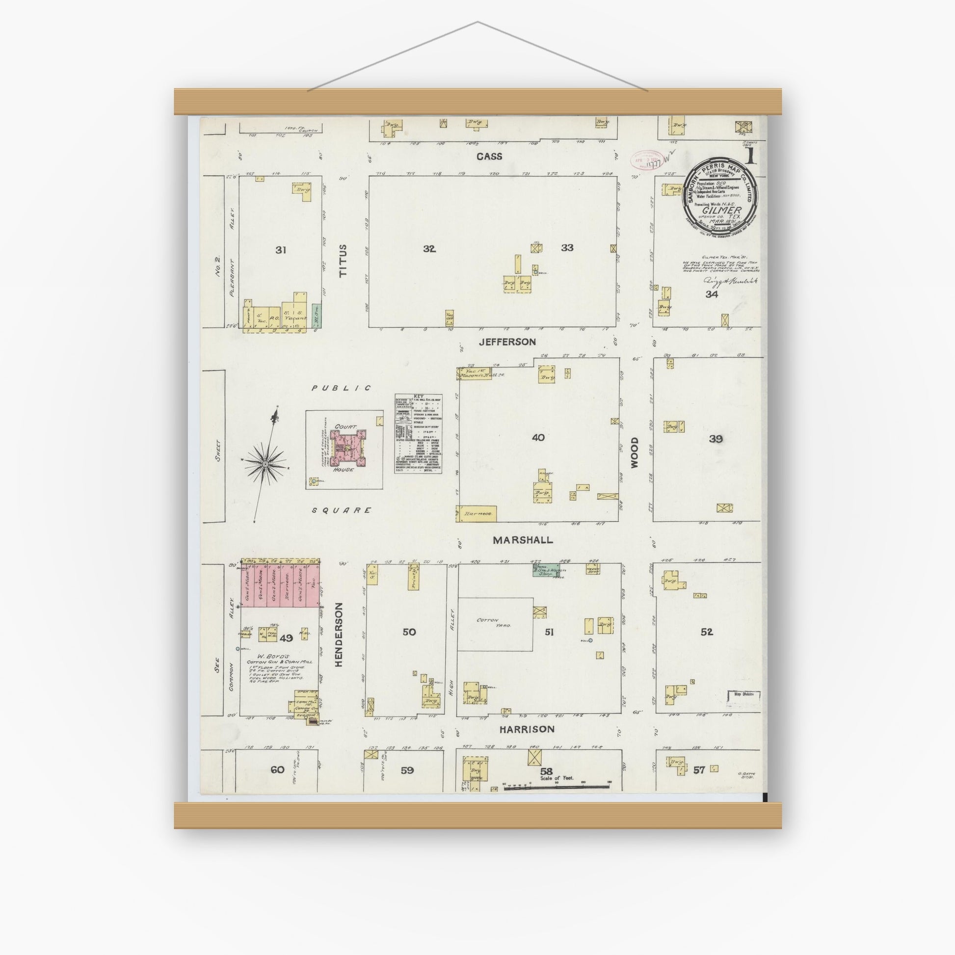 Old map wall art mockup — magnetic wood frame on white wall — Sanborn Fire Insurance Map from Gilmer, Upshur County, Texas (1891) - Complete Map Set