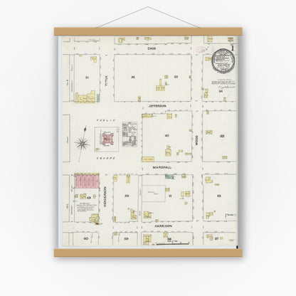 Old map wall art mockup — magnetic wood frame on white wall — Sanborn Fire Insurance Map from Gilmer, Upshur County, Texas (1891) - Complete Map Set