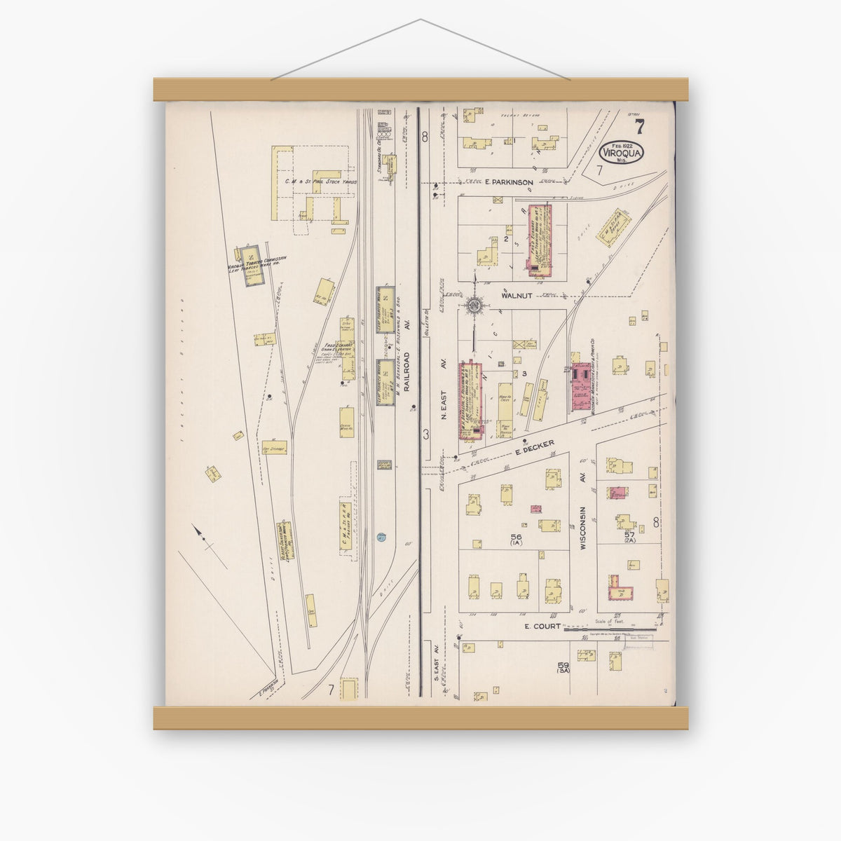 Old map wall art mockup — magnetic wood frame on white wall — Sanborn Fire Insurance Map from Viroqua, Vernon County, Wisconsin (1922), Sheet #0007