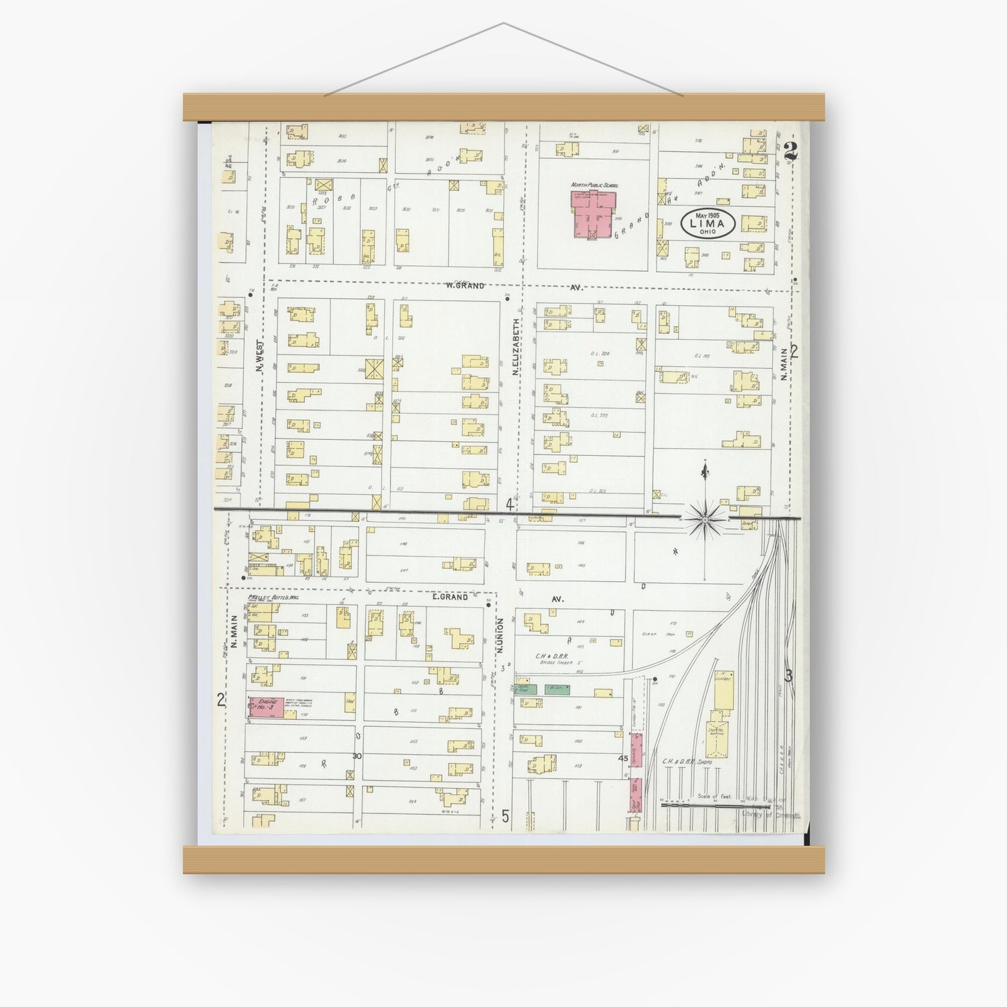 Old map wall art mockup — magnetic wood frame on white wall — Sanborn Fire Insurance Map from Lima, Allen County, Ohio (1905), Sheet #0002