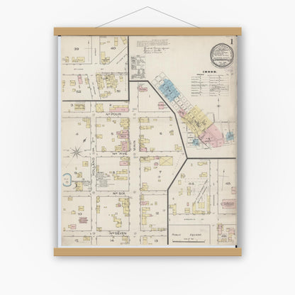 Old map wall art mockup — magnetic wood frame on white wall — Sanborn Fire Insurance Map from Edwardsville, Madison County, Illinois (1886), Sheet #0001