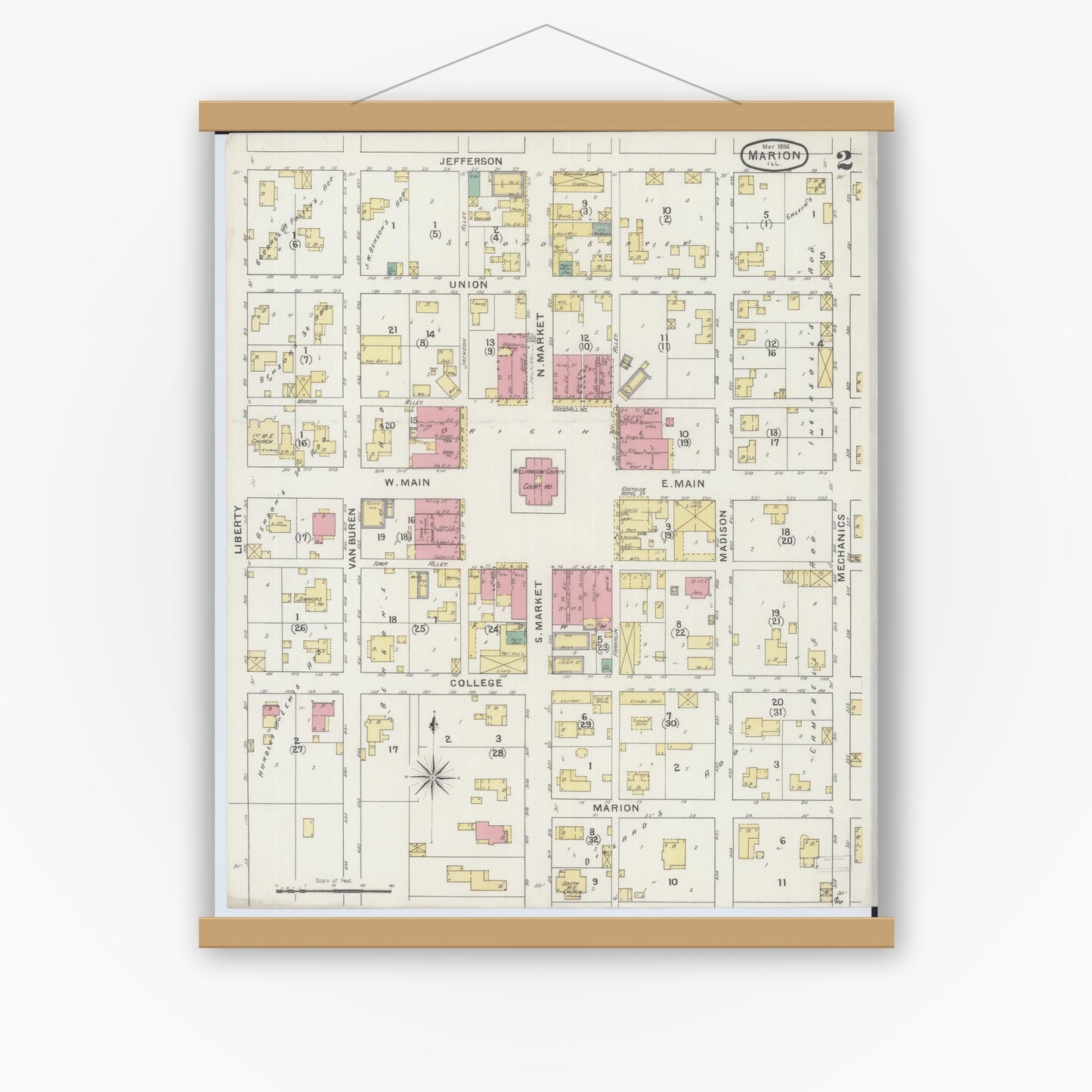 Old map wall art mockup — magnetic wood frame on white wall — Sanborn Fire Insurance Map from Marion, Williamson County, Illinois (1894), Sheet #0002