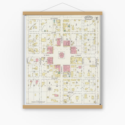 Old map wall art mockup — magnetic wood frame on white wall — Sanborn Fire Insurance Map from Marion, Williamson County, Illinois (1894), Sheet #0002