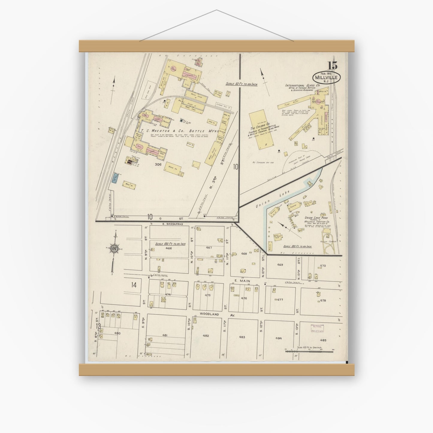 Old map wall art mockup — magnetic wood frame on white wall — Sanborn Fire Insurance Map from Millville, Cumberland County, New Jersey (1915), Sheet #0015