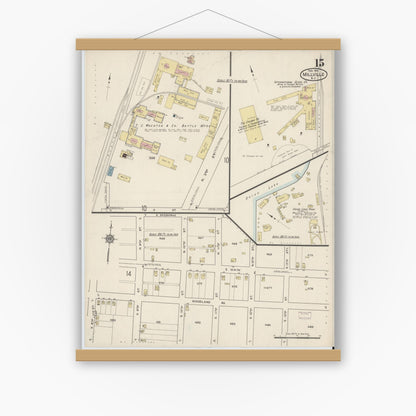 Old map wall art mockup — magnetic wood frame on white wall — Sanborn Fire Insurance Map from Millville, Cumberland County, New Jersey (1915), Sheet #0015