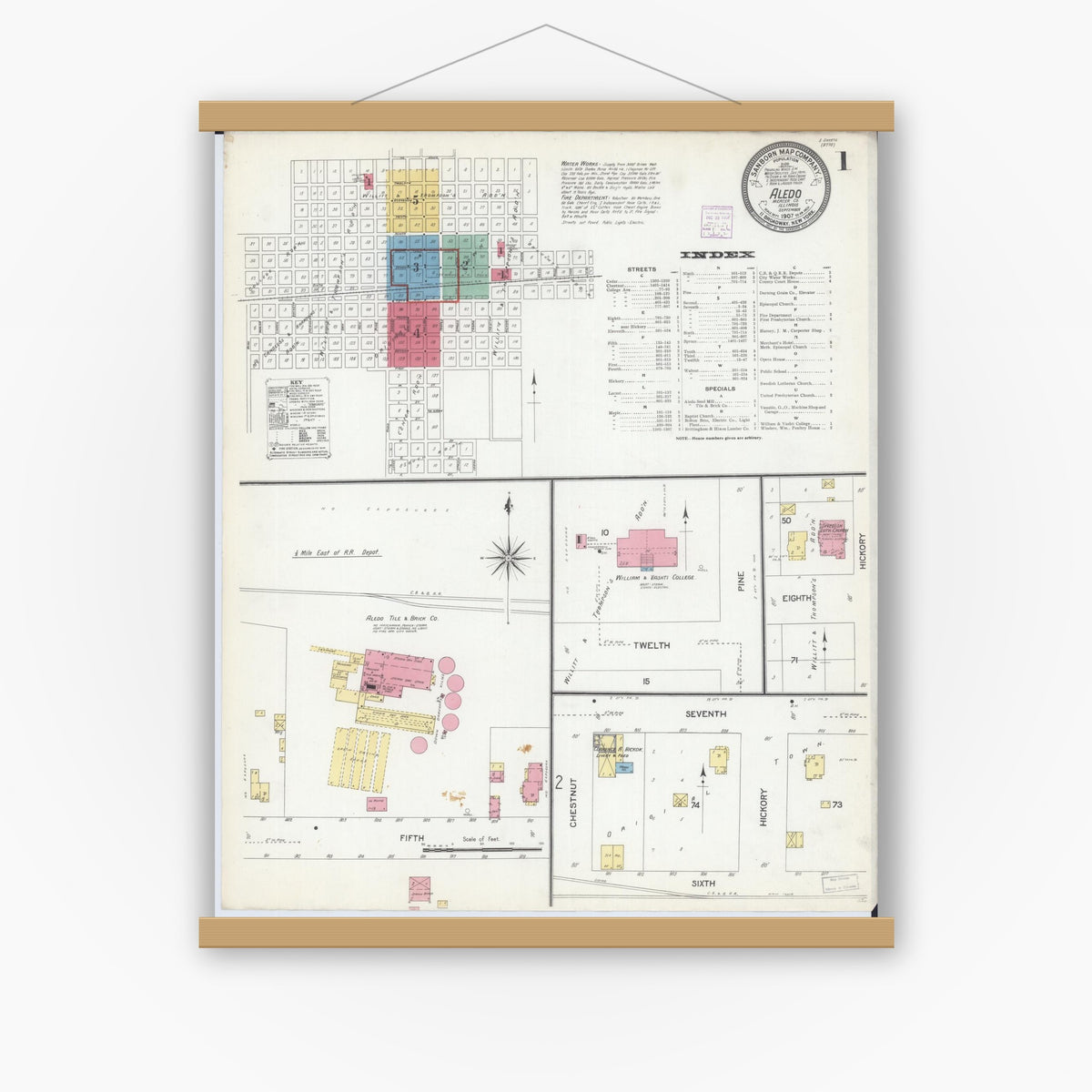 Old map wall art mockup — magnetic wood frame on white wall — Sanborn Fire Insurance Map from Aledo, Mercer County, Illinois (1907) - Complete Map Set