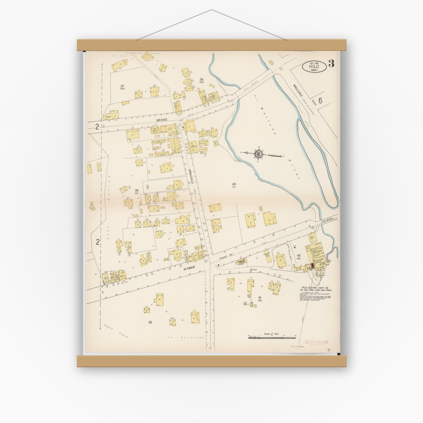 Old map wall art mockup — magnetic wood frame on white wall — Sanborn Fire Insurance Map from Hilo, Hawaii County, Hawaii (1914), Sheet #0003