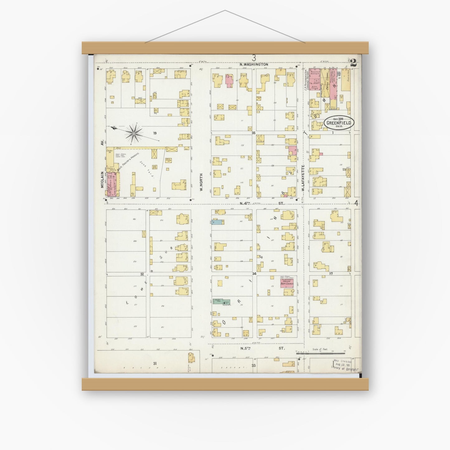 Old map wall art mockup — magnetic wood frame on white wall — Sanborn Fire Insurance Map from Greenfield, Highland County, Ohio (1899), Sheet #0002