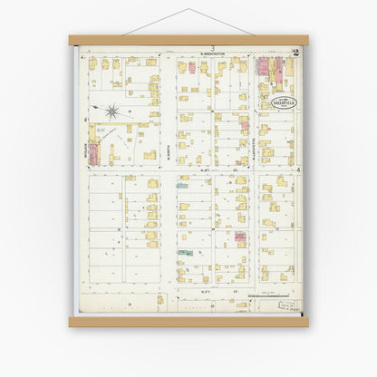 Old map wall art mockup — magnetic wood frame on white wall — Sanborn Fire Insurance Map from Greenfield, Highland County, Ohio (1899), Sheet #0002