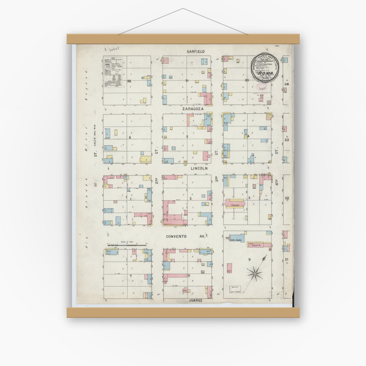 Old map wall art mockup — magnetic wood frame on white wall — Sanborn Fire Insurance Map from Roma, Starr County, Texas (1894), Sheet #0001