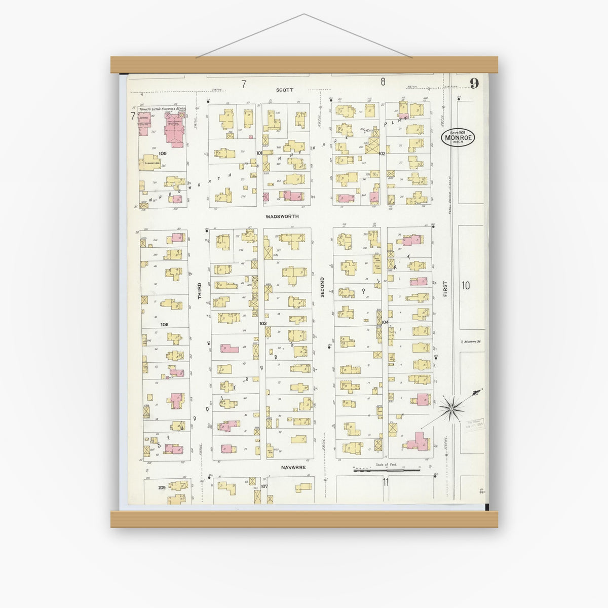 Old map wall art mockup — magnetic wood frame on white wall — Sanborn Fire Insurance Map from Monroe, Monroe County, Michigan (1908), Sheet #0009