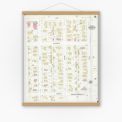 Old map wall art mockup — magnetic wood frame on white wall — Sanborn Fire Insurance Map from Monroe, Monroe County, Michigan (1908), Sheet #0009