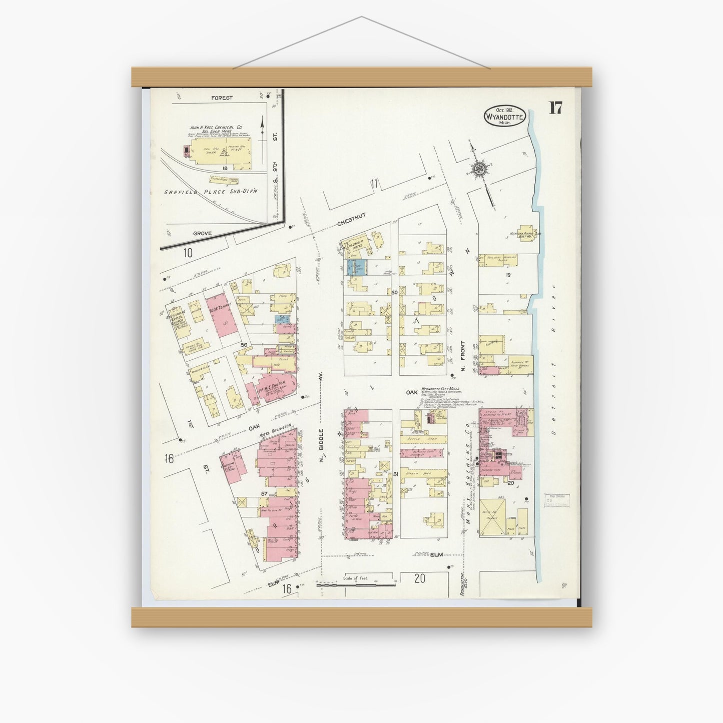 Old map wall art mockup — magnetic wood frame on white wall — Sanborn Fire Insurance Map from Wyandotte, Wayne County, Michigan (1912), Sheet #0017