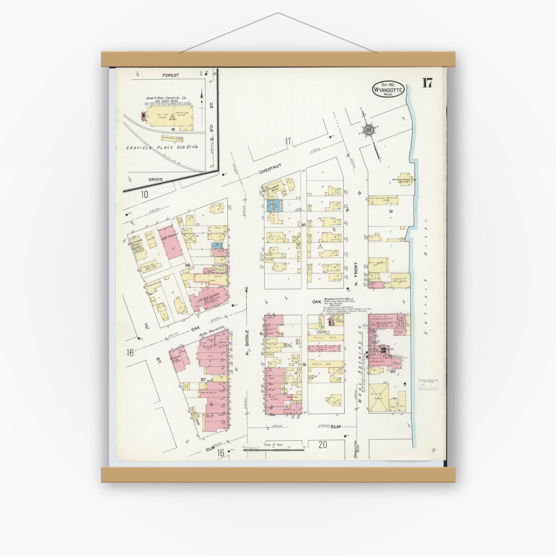 Old map wall art mockup — magnetic wood frame on white wall — Sanborn Fire Insurance Map from Wyandotte, Wayne County, Michigan (1912), Sheet #0017