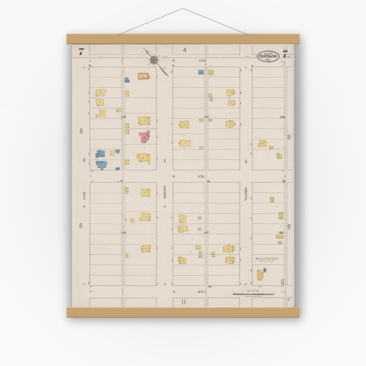 Old map wall art mockup — magnetic wood frame on white wall — Sanborn Fire Insurance Map from Burbank, Los Angeles County, California (1923), Sheet #0007