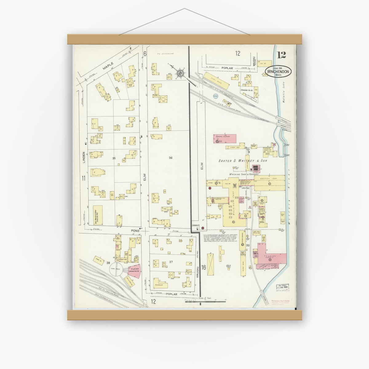 Old map wall art mockup — magnetic wood frame on white wall — Sanborn Fire Insurance Map from Winchendon, Worcester County, Massachusetts (1914), Sheet #0012