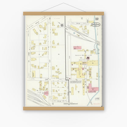 Old map wall art mockup — magnetic wood frame on white wall — Sanborn Fire Insurance Map from Winchendon, Worcester County, Massachusetts (1914), Sheet #0012