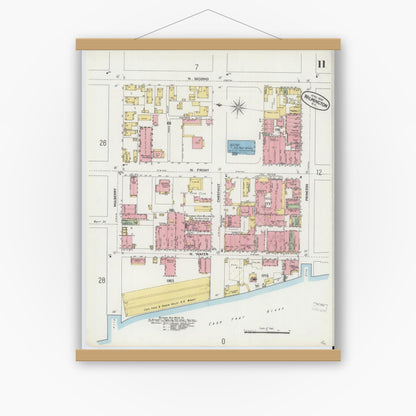 Old map wall art mockup — magnetic wood frame on white wall — Sanborn Fire Insurance Map from Wilmington, New Hanover County, North Carolina (1898), Sheet #0011
