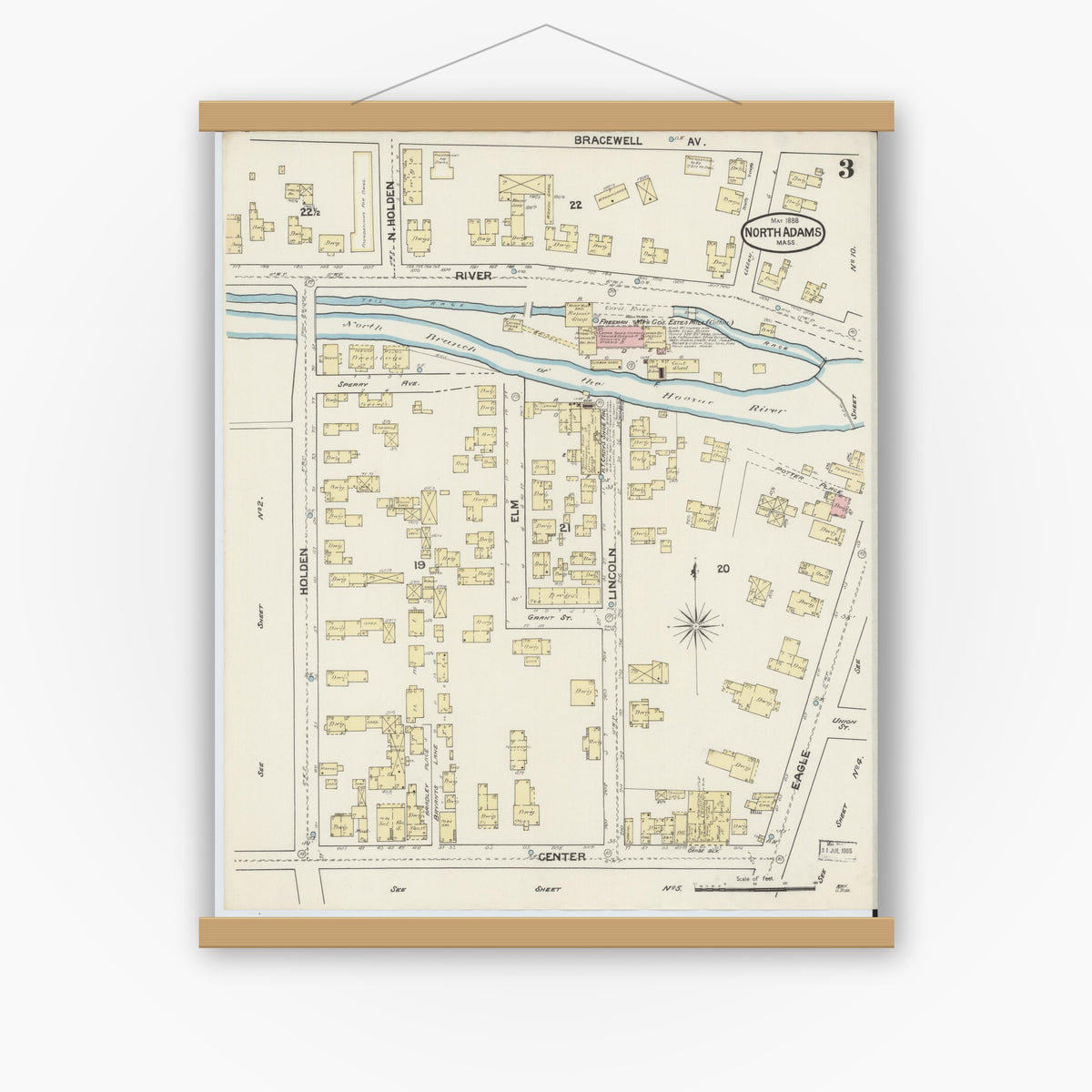 Old map wall art mockup — magnetic wood frame on white wall — Sanborn Fire Insurance Map from North Adams, Berkshire County, Massachusetts (1888), Sheet #0003