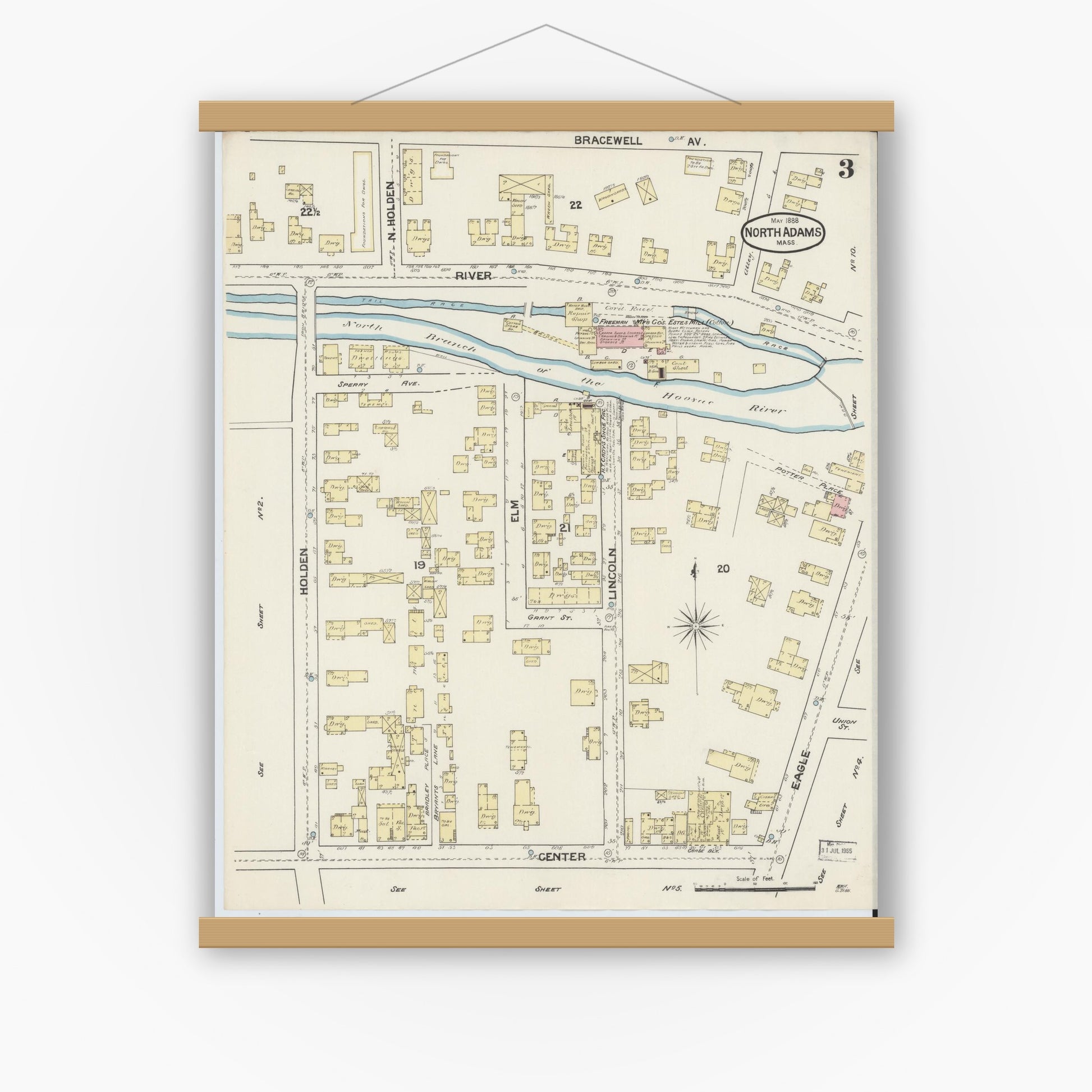 Old map wall art mockup — magnetic wood frame on white wall — Sanborn Fire Insurance Map from North Adams, Berkshire County, Massachusetts (1888), Sheet #0003