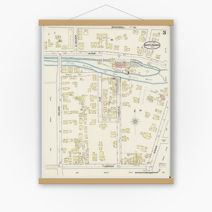 Old map wall art mockup — magnetic wood frame on white wall — Sanborn Fire Insurance Map from North Adams, Berkshire County, Massachusetts (1888), Sheet #0003