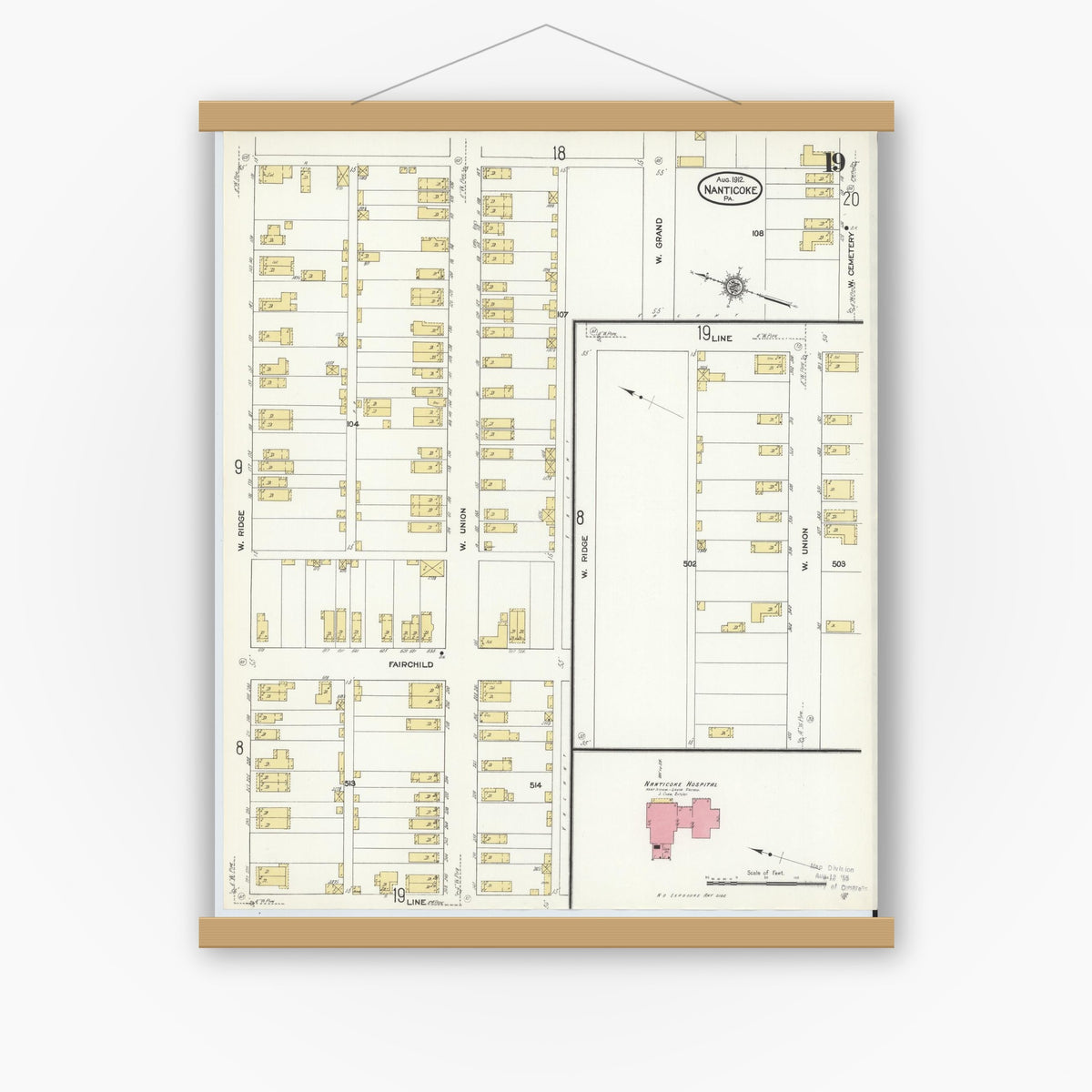 Old map wall art mockup — magnetic wood frame on white wall — Sanborn Fire Insurance Map from Nanticoke, Luzerne County, Pennsylvania (1912), Sheet #0019