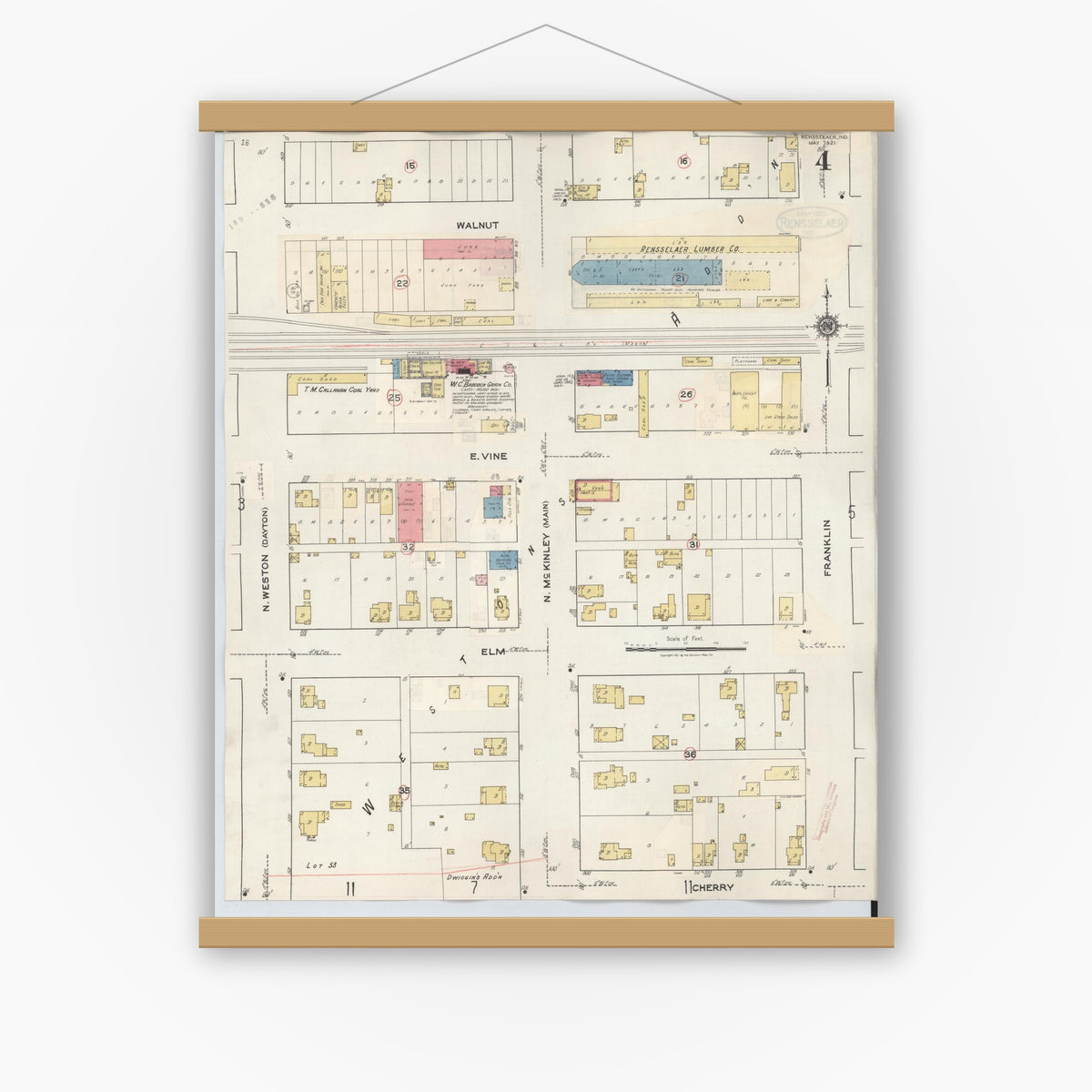 Old map wall art mockup — magnetic wood frame on white wall — Sanborn Fire Insurance Map from Rensselaer, Jasper County, Indiana (1942), Sheet #0004