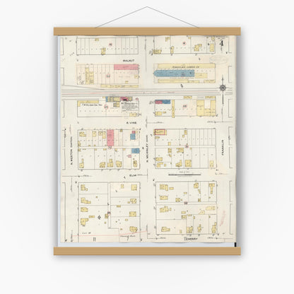 Old map wall art mockup — magnetic wood frame on white wall — Sanborn Fire Insurance Map from Rensselaer, Jasper County, Indiana (1942), Sheet #0004