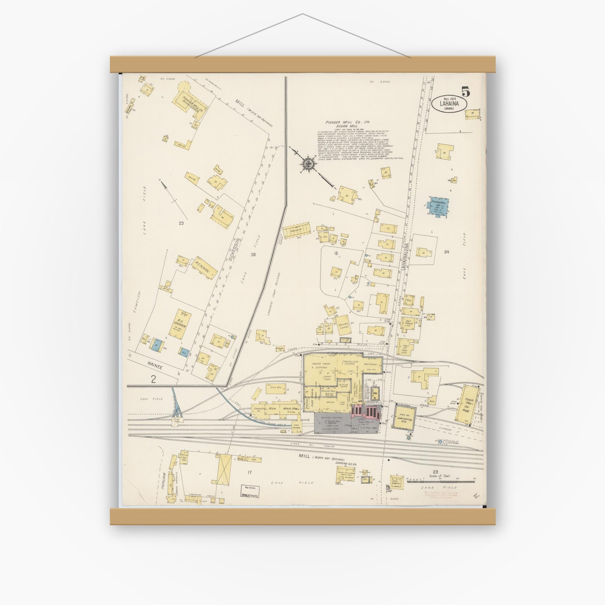 Old map wall art mockup — magnetic wood frame on white wall — Sanborn Fire Insurance Map from Lahaina, Maui County, Hawaii (1914), Sheet #0005