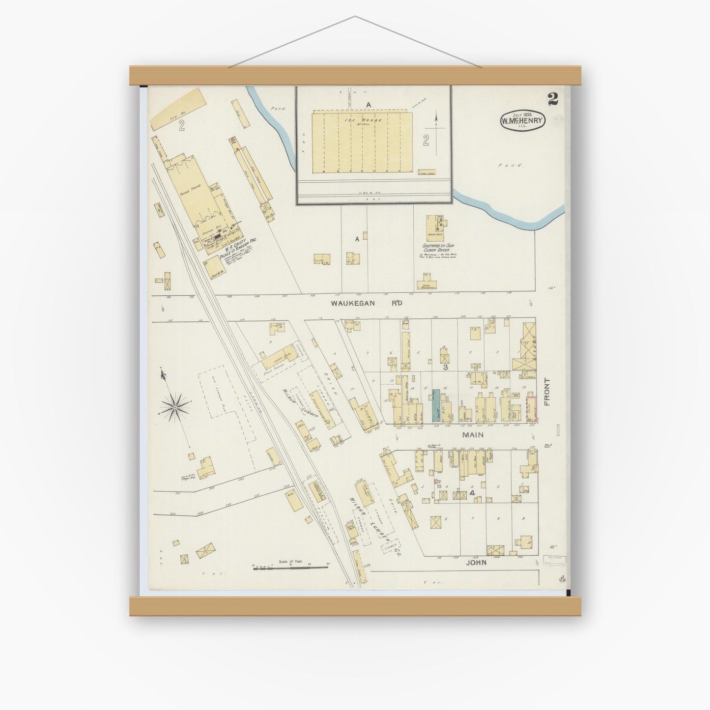 Old map wall art mockup — magnetic wood frame on white wall — Sanborn Fire Insurance Map from McHenry, McHenry County, Illinois (1893), Sheet #0002