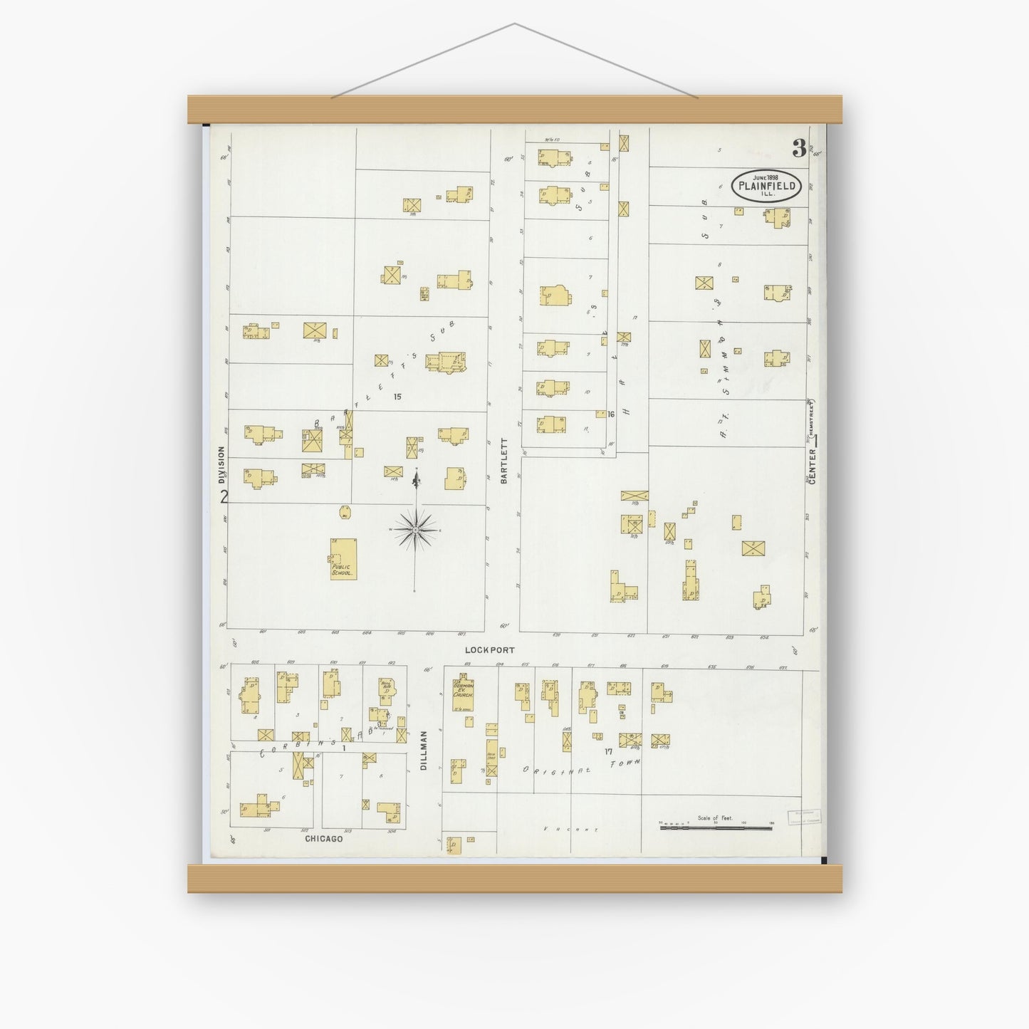 Old map wall art mockup — magnetic wood frame on white wall — Sanborn Fire Insurance Map from Plainfield, Will County, Illinois (1898), Sheet #0003